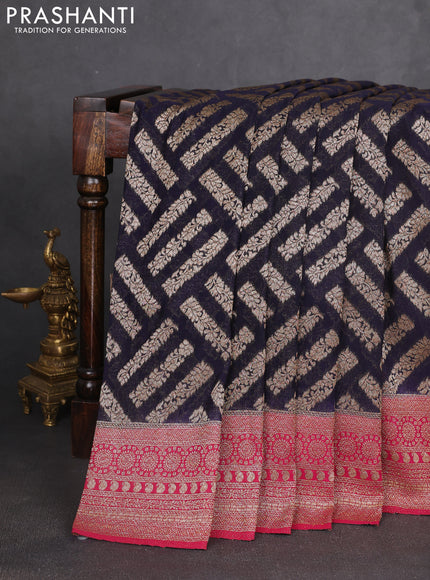 Banarasi semi georgette saree navy blue and pink with allover thread & zari woven buttas and zari woven border