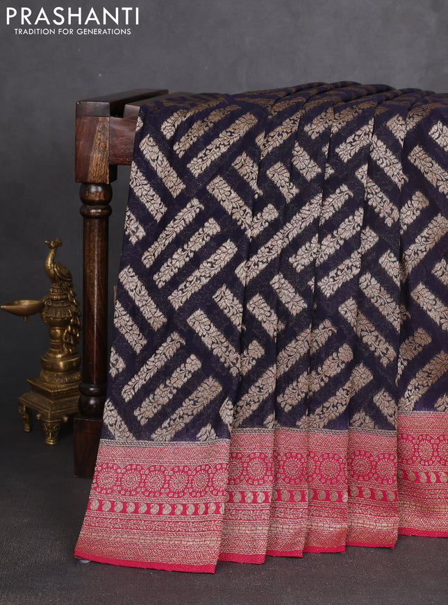 Banarasi semi georgette saree navy blue and pink with allover thread & zari woven buttas and zari woven border