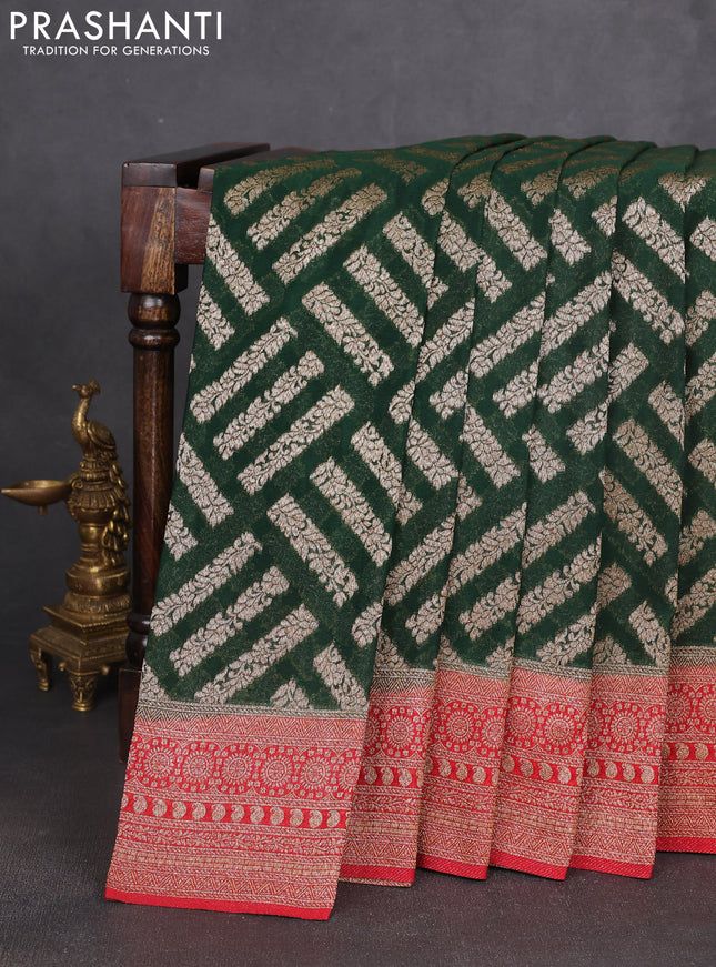 Banarasi semi georgette saree bottle green and red with allover thread & zari woven buttas and zari woven border