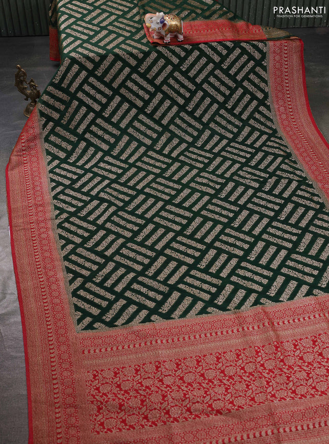 Banarasi semi georgette saree bottle green and red with allover thread & zari woven buttas and zari woven border