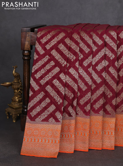 Banarasi semi georgette saree deep maroon and orange with allover thread & zari woven buttas and zari woven border