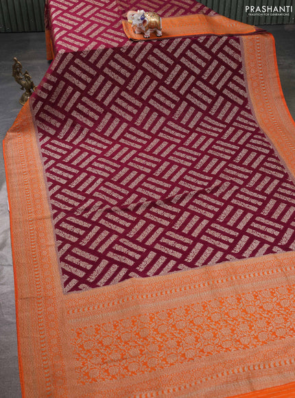 Banarasi semi georgette saree deep maroon and orange with allover thread & zari woven buttas and zari woven border