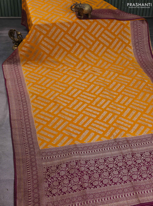 Banarasi semi georgette saree yellow and purple with allover thread & zari woven buttas and zari woven border