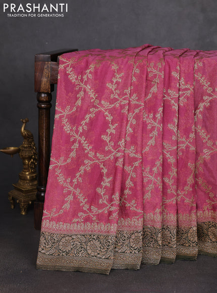 Banarasi semi georgette saree mauve pink and bottle green with allover thread & zari weaves and zari woven border