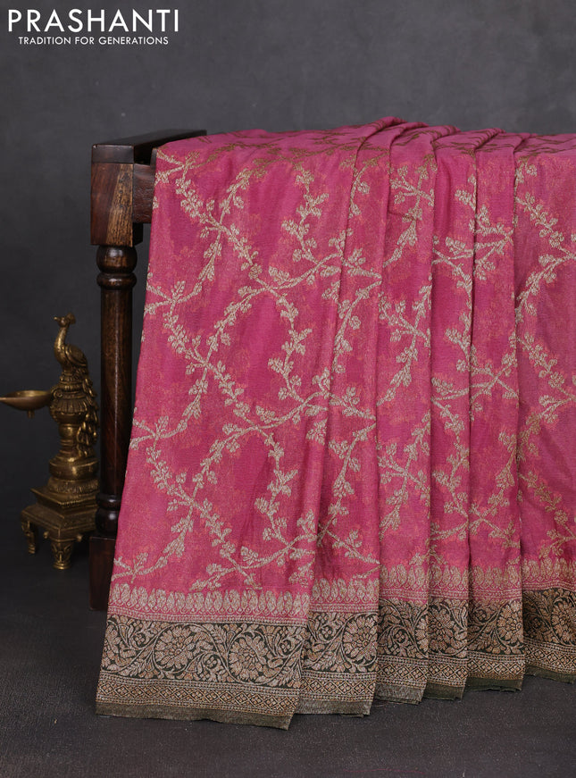 Banarasi semi georgette saree mauve pink and bottle green with allover thread & zari weaves and zari woven border