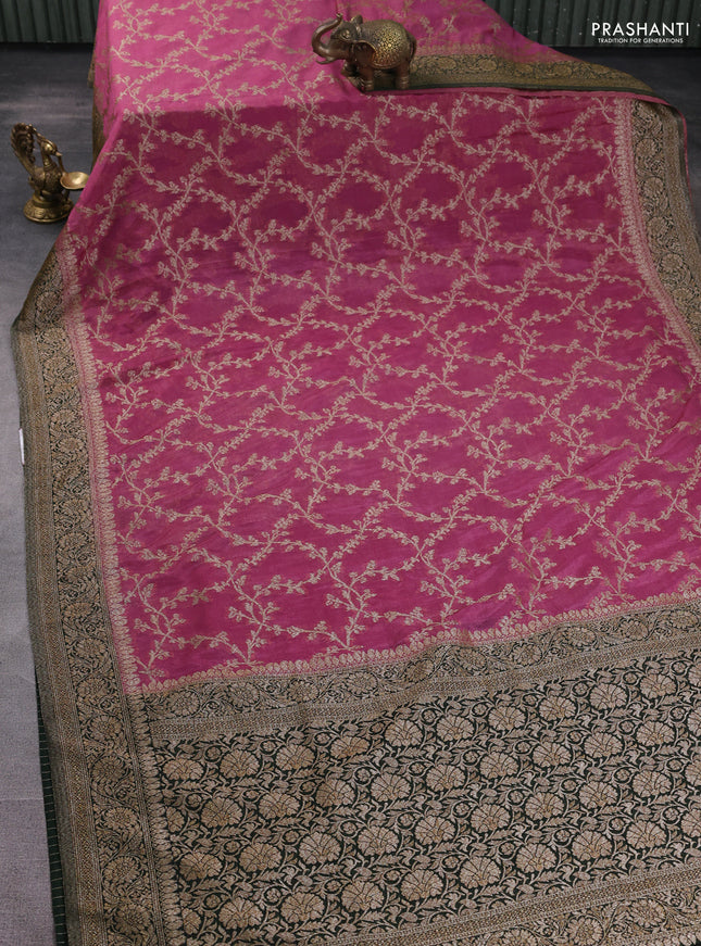 Banarasi semi georgette saree mauve pink and bottle green with allover thread & zari weaves and zari woven border