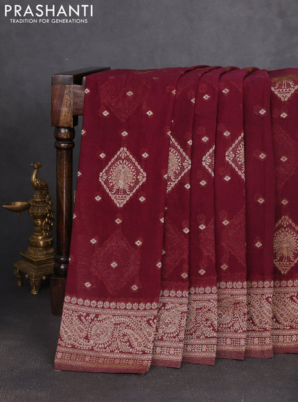 Banarasi semi georgette saree deep maroon with allover thread & zari woven buttas and zari woven border