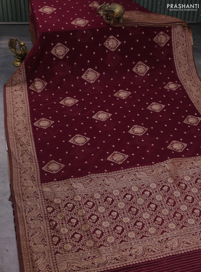Banarasi semi georgette saree deep maroon with allover thread & zari woven buttas and zari woven border