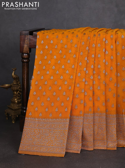 Banarasi semi georgette saree mustard yellow with allover thread & zari woven buttas and zari woven border