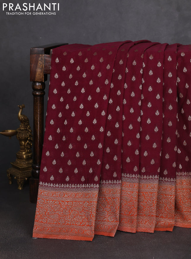 Banarasi semi georgette saree wine shade and rustic orange with allover thread & zari woven buttas and zari woven border