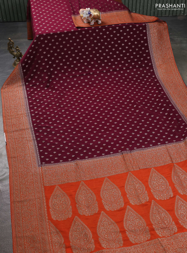 Banarasi semi georgette saree wine shade and rustic orange with allover thread & zari woven buttas and zari woven border