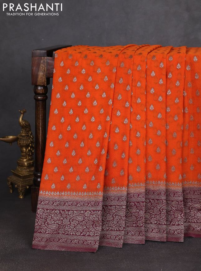 Banarasi semi georgette saree orange and wine shade with allover thread & zari woven buttas and zari woven border