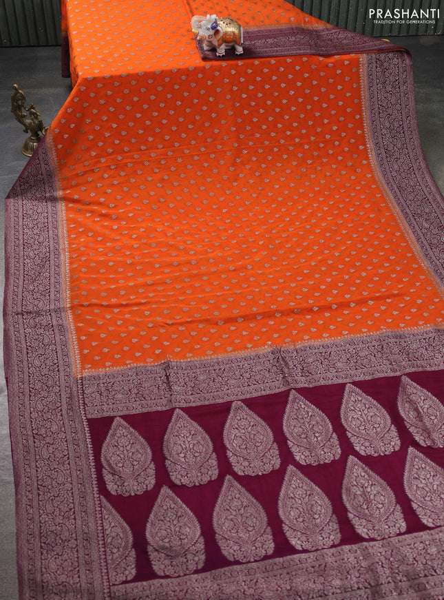 Banarasi semi georgette saree orange and wine shade with allover thread & zari woven buttas and zari woven border