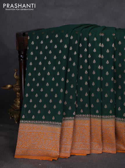 Banarasi semi georgette saree bottle green and mustard yellow with allover thread & zari woven buttas and zari woven border