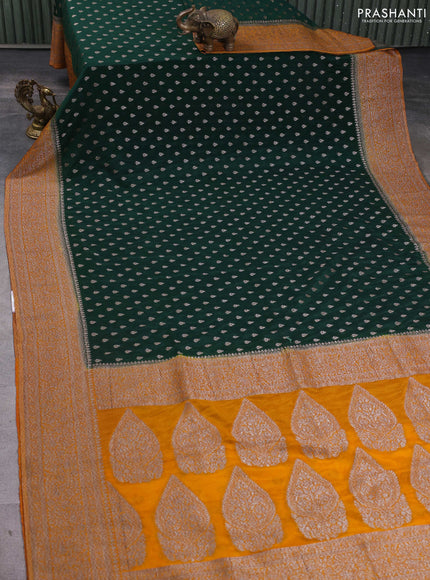 Banarasi semi georgette saree bottle green and mustard yellow with allover thread & zari woven buttas and zari woven border