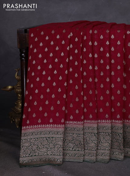 Banarasi semi georgette saree red and bottle green with allover thread & zari woven buttas and zari woven border