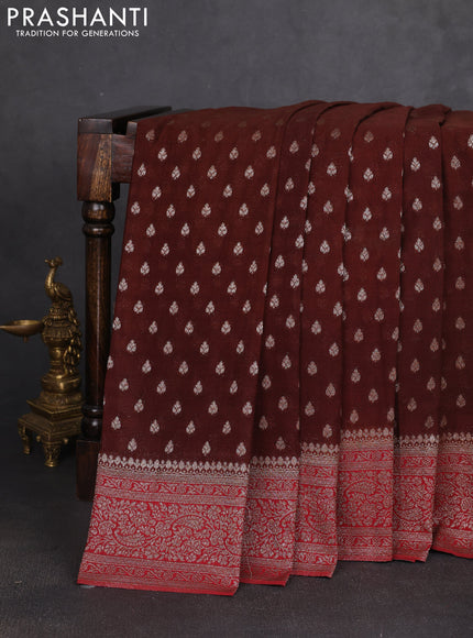 Banarasi semi georgette saree brown and maroon with allover thread & zari woven buttas and zari woven border