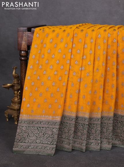 Banarasi semi georgette saree mustard yellow and green with allover thread & zari woven buttas and zari woven border