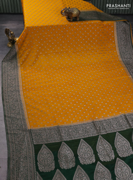 Banarasi semi georgette saree mustard yellow and green with allover thread & zari woven buttas and zari woven border