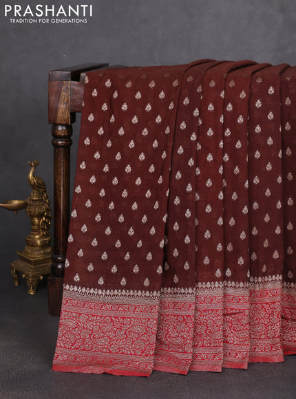Banarasi semi georgette saree brown and maroon with allover thread & zari woven buttas and zari woven border