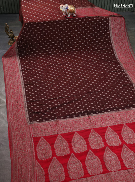 Banarasi semi georgette saree brown and maroon with allover thread & zari woven buttas and zari woven border