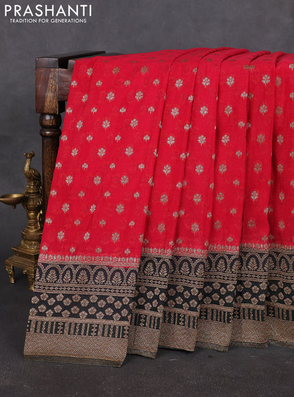 Banarasi semi georgette saree red and bottle green with allover thread & zari woven buttas and zari woven border