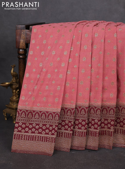 Banarasi semi georgette saree peach shade and deep wine with allover thread & zari woven buttas and zari woven border