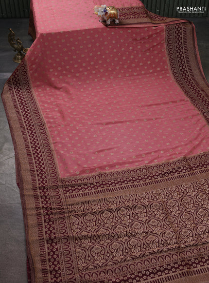 Banarasi semi georgette saree peach shade and deep wine with allover thread & zari woven buttas and zari woven border