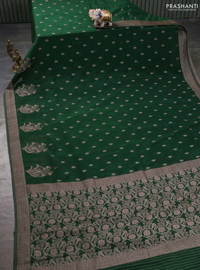 Banarasi semi georgette saree bottle green with allover thread & zari woven buttas and zari woven border