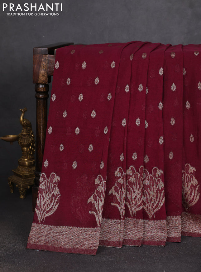 Banarasi semi georgette saree deep wine shade with allover thread & zari woven buttas and zari woven border