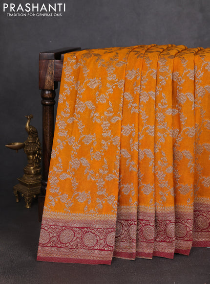 Banarasi semi georgette saree yellow and deep maroon with allover thread & zari weaves and zari woven border
