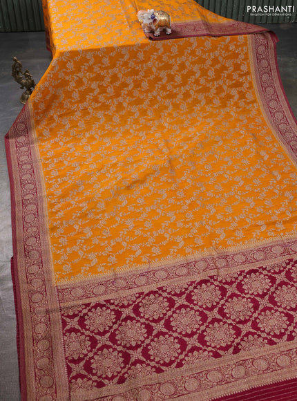 Banarasi semi georgette saree yellow and deep maroon with allover thread & zari weaves and zari woven border