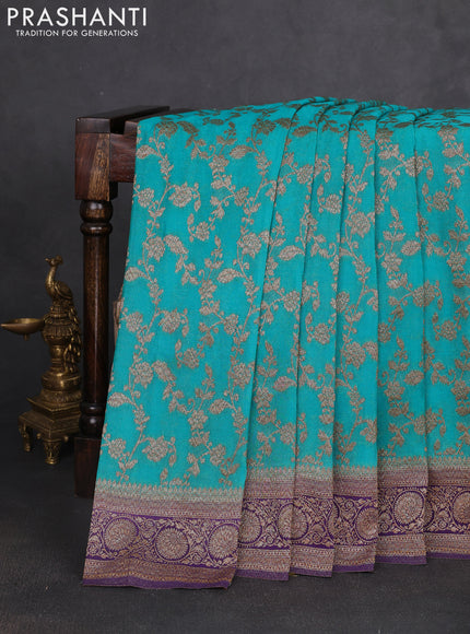 Banarasi semi georgette saree teal blue and violet with allover thread & zari weaves and zari woven border