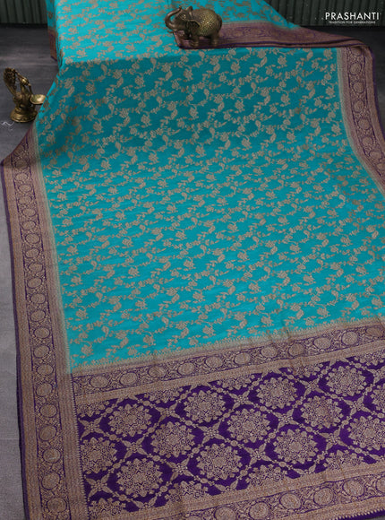 Banarasi semi georgette saree teal blue and violet with allover thread & zari weaves and zari woven border