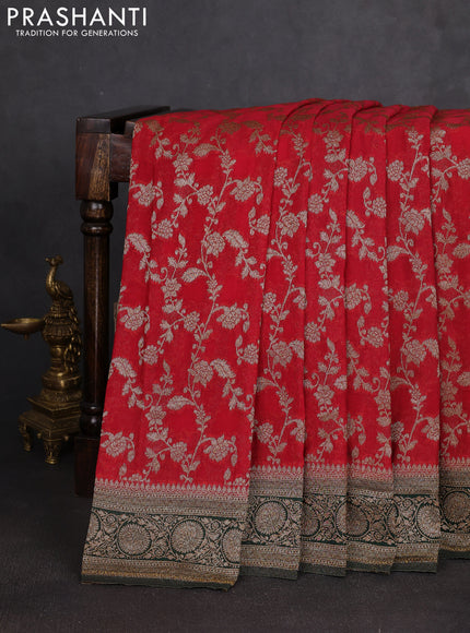 Banarasi semi georgette saree red and bottle green with allover thread & zari weaves and zari woven border