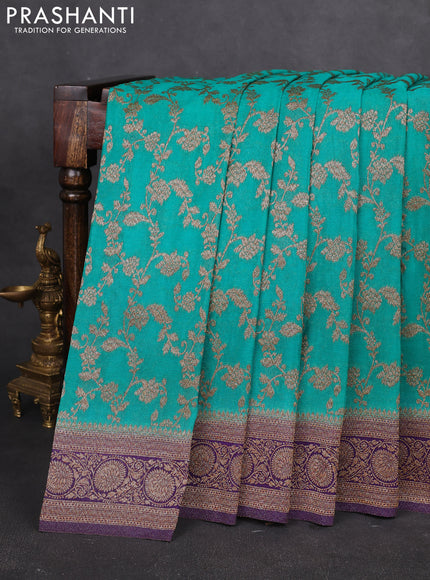 Banarasi semi georgette saree teal green and violet with allover thread & zari weaves and zari woven border