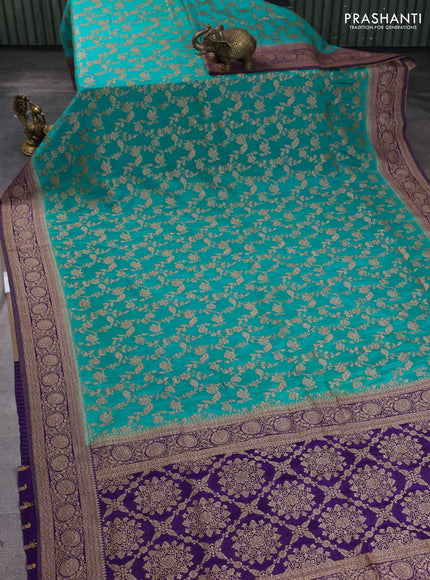 Banarasi semi georgette saree teal green and violet with allover thread & zari weaves and zari woven border