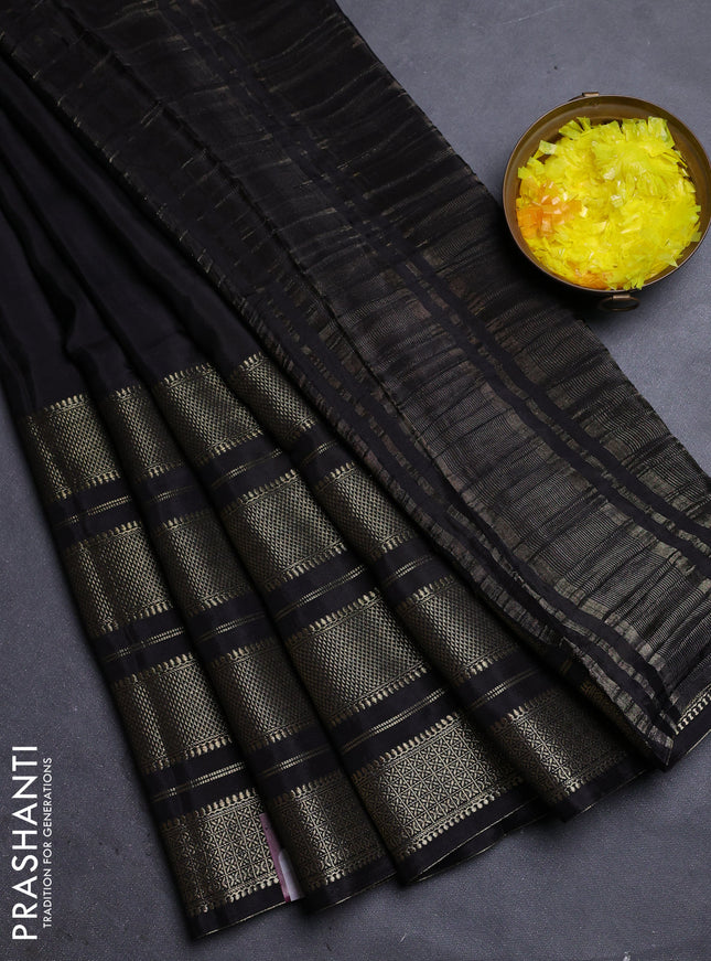 Semi mysore silk saree black and yellow with plain body and zari woven border