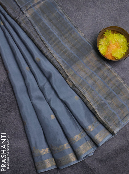 Semi mysore silk saree grey and navy blue with zari woven buttas and rettapet zari woven border