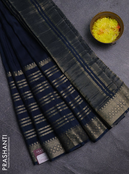 Semi mysore silk saree peacock blue and yellow with plain body and long zari woven border