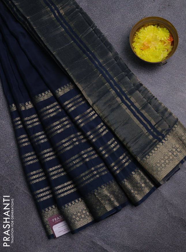 Semi mysore silk saree peacock blue and yellow with plain body and long zari woven border