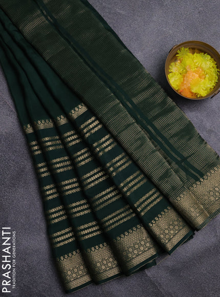 Semi mysore silk saree bottle green and yellow with plain body and long zari woven border