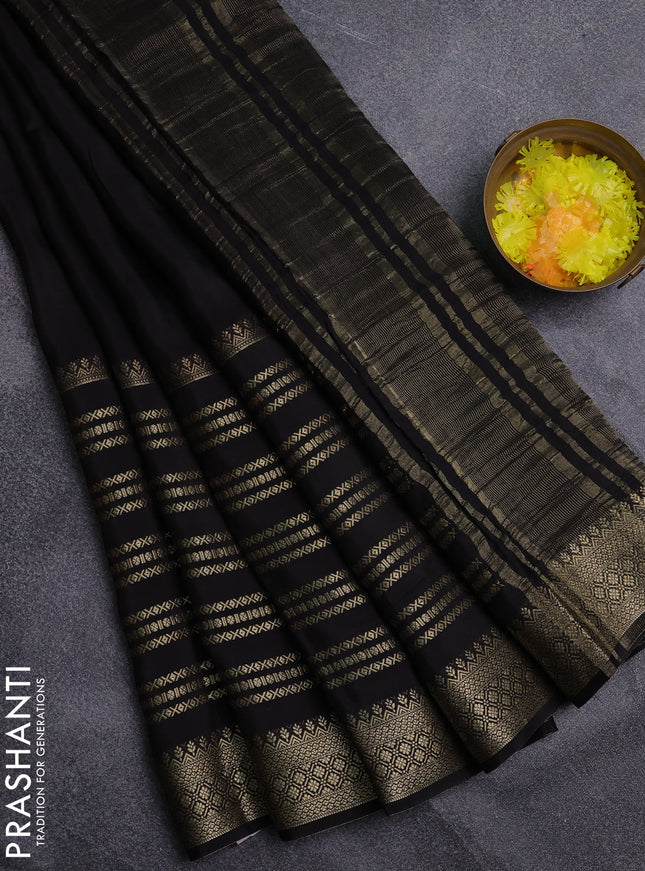 Semi mysore silk saree black and yellow with plain body and long zari woven border