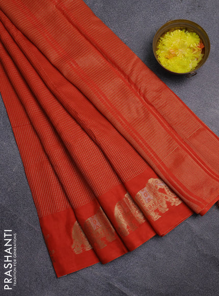 Semi mysore silk saree orange with allover small zari checked pattern and zari woven elephant butta border