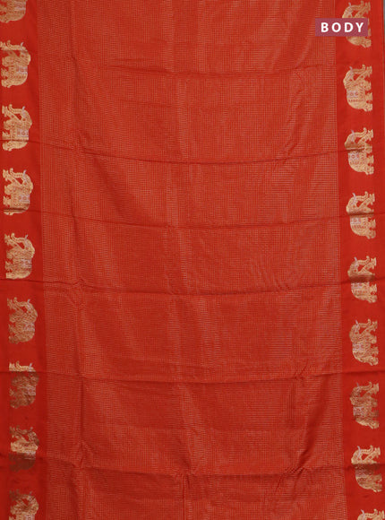 Semi mysore silk saree orange with allover small zari checked pattern and zari woven elephant butta border