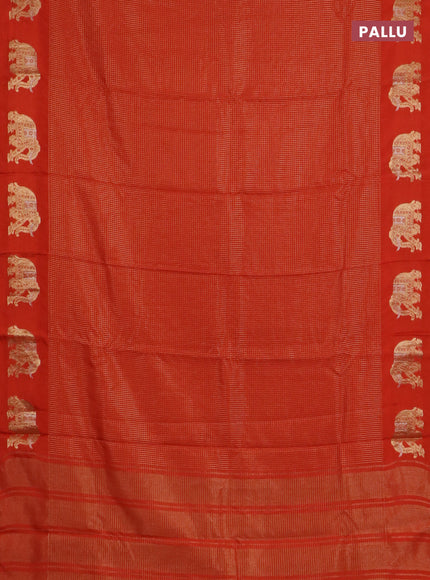 Semi mysore silk saree orange with allover small zari checked pattern and zari woven elephant butta border