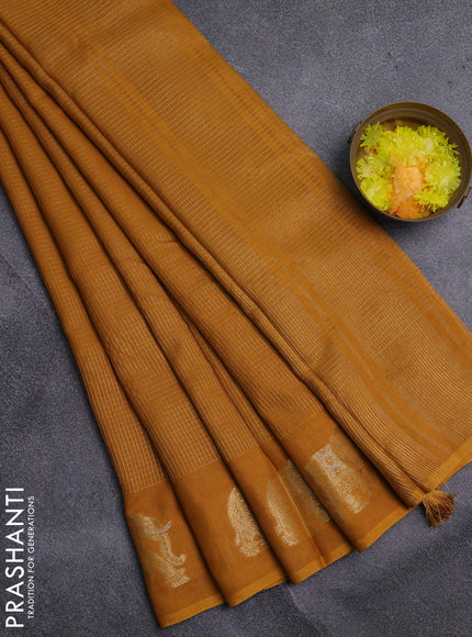 Semi mysore silk saree mustard yellow with allover small zari checked pattern and zari woven elephant butta border