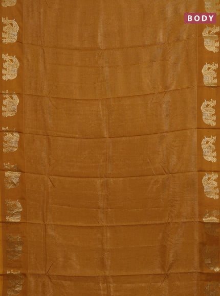 Semi mysore silk saree mustard yellow with allover small zari checked pattern and zari woven elephant butta border