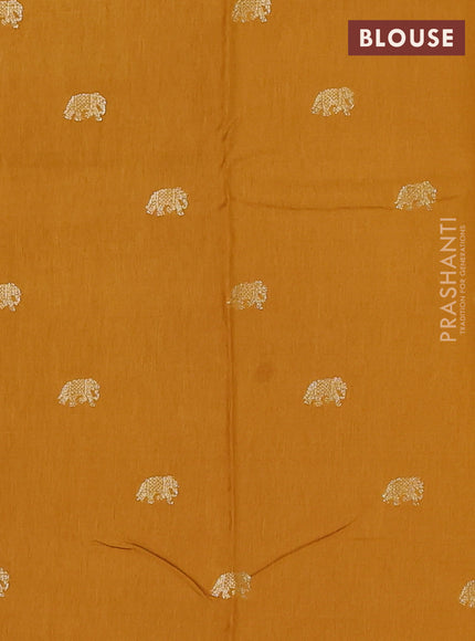 Semi mysore silk saree mustard yellow with allover small zari checked pattern and zari woven elephant butta border
