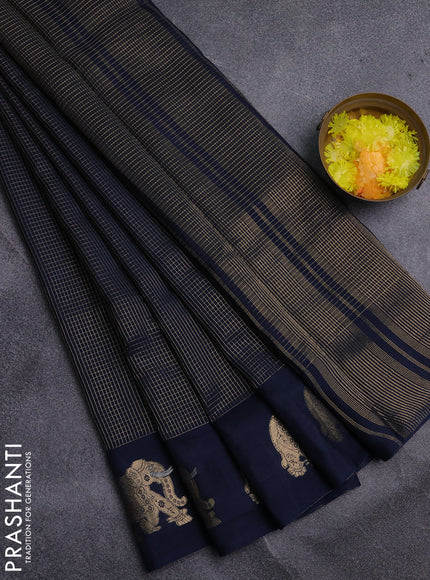 Semi mysore silk saree peacock blue with allover small zari checked pattern and zari woven elephant butta border